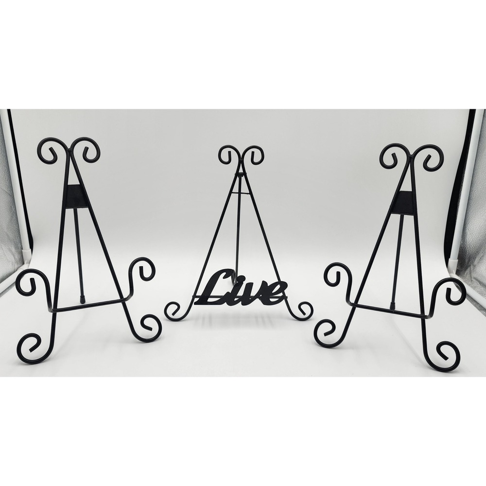 Lot of Display Easels 3pc Set 10in Black Metal Scroll & Live Script Plate Stand